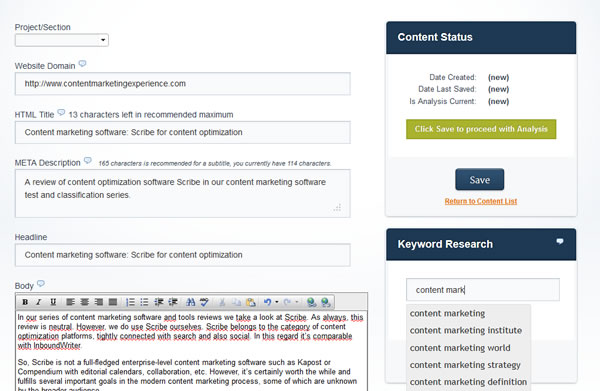 Starting keyword research in Scribe