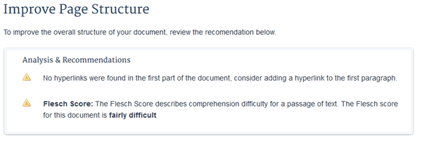 Tips to improve the page structure, including the Flesch score