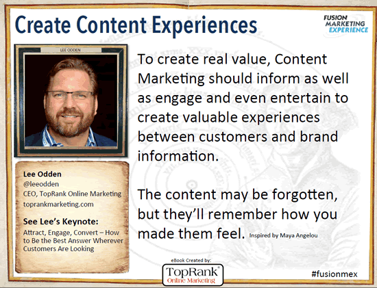 Lee Odden Content Marketing Conference Europe 2014 quote in the content marketing eBook by TopRank Online Marketing and i-SCOOP – via SlideShare