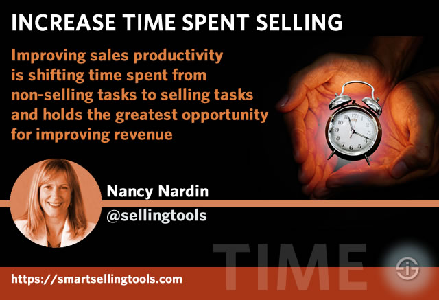 Increase time spent selling - improving sales productivity is shifting time spent from non-selling tasks to selling tasks and holds the greatest opportunity for improving revenue - interview Nancy Nardin Smart Selling Tools