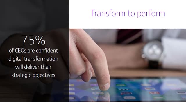 75 percent of CEOs of multinationals are confident that digital transformation will deliver their strategic objectives according to the BT Global Services CEO digital transformation report - source SlideShare infographic