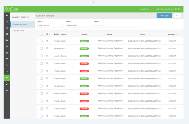 Consent receipts in the new OneTrust Universal Consent Management and Preference Management - picture source and courtesy OneTrust