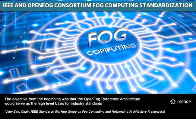 IEEE and OpenFog Consortium fog standardization - the objective from the beginning was that the OpenFog Reference Architecture would serve as the high-level basis for industry standards (John Zao, Chair, IEEE Standards Working Group on Fog Computing and Networking Architecture Framework)
