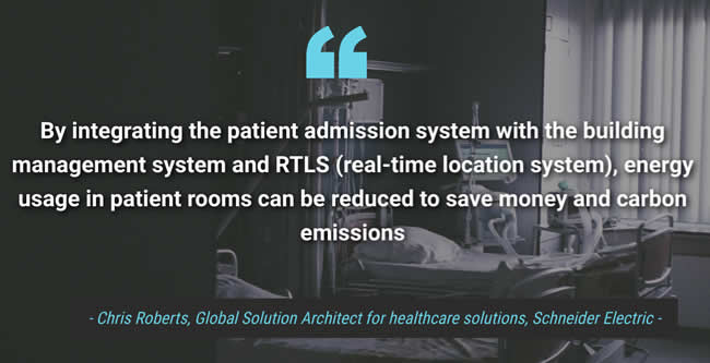 By integrating the patient admission system with the building management system and RTLS real-time location system energy usage in patient rooms can be reduced to save money and carbon emissions