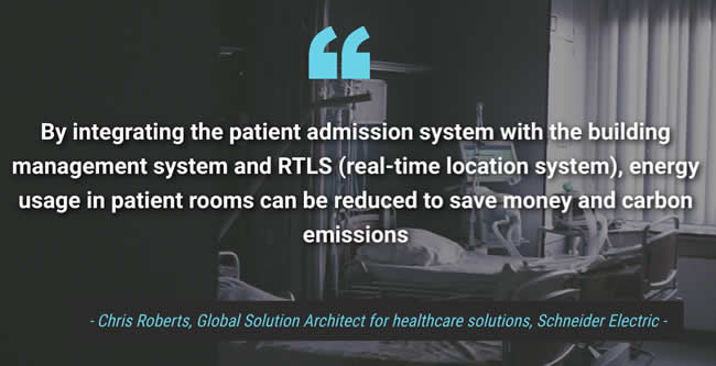 通過將患者入院系統與樓宇管理系統和 RTLS 實時定位系統集成，可以減少病房內的能源使用，從而節省資金和碳排放