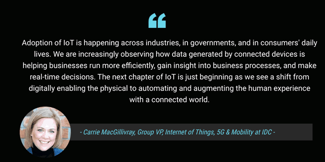 The next chapter of IoT is just beginning as we see a shift from digitally enabling the physical to automating and augmenting the human experience with a connected world says Carrie MacGillivray vice president Internet of Things and Mobility at IDC