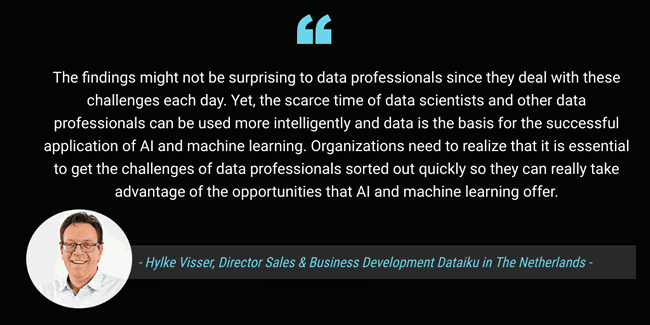 The findings might not be surprising to data professionals since they deal with these challenges each day. Yet, the scarce time of data scientists and other data professionals can be used more intelligently and data is the basis for the successful application of AI and machine learning. Organizations need to realize that it is essential to get the challenges of data professionals sorted out quickly so they can really take advantage of the opportunities that AI and machine learning offer says Hylke Visser