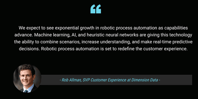 We expect to see exponential growth in robotic process automation as capabilities advance says Rob Allman SVP Customer Experience at Dimension Data - source and more information