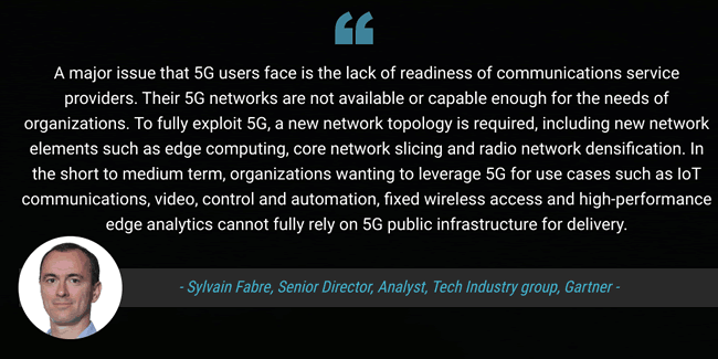 In the short to medium term, organizations wanting to leverage 5G for use cases such as IoT communications, video, control and automation, fixed wireless access and high-performance edge analytics cannot fully rely on 5G public infrastructure for delivery says Sylvain Fabre, senior research director at Gartner - picture source