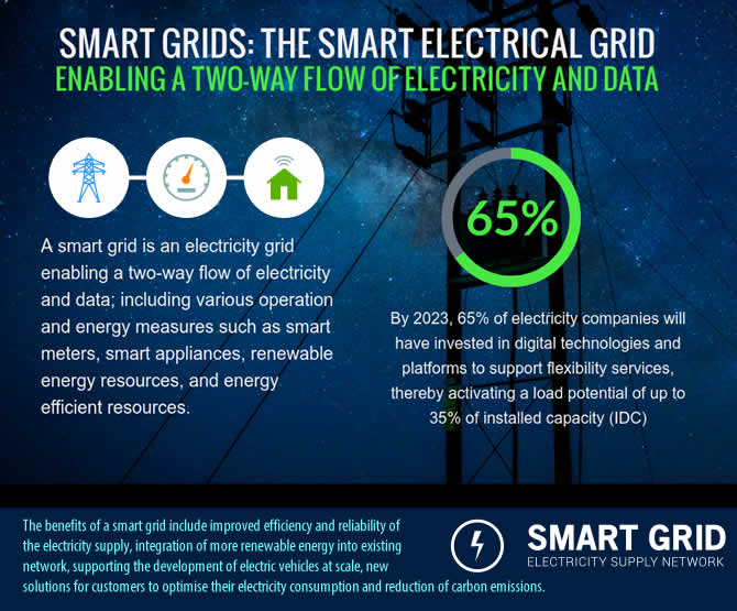 Smart grids - the smart electrical grid. A smart grid is an electricity grid enabling a two-way flow of electricity and data; smart grids include various operation and energy measures such as smart meters, smart appliances, renewable energy resources, and energy efficient resources.
