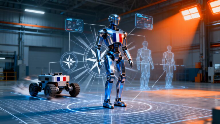 A sleek metallic robotic figure in the center of the composition showing a dynamic transformation sequence, with geometric compass rose design integrated into its core structure, multiple translucent silhouettes radiating outward displaying different configurations from low rover-like form to upright humanoid stance, clean technical blueprint lines connecting the transformation stages, industrial metallic blue and silver color palette with bright orange accent lights, minimalist factory floor grid pattern in background, subtle French tricolor stripe detail on robot's body, precise geometric shapes and circles suggesting modular design, professional product photography lighting with dramatic side highlights, modern technical illustration style with photorealistic metallic textures, floating geometric interface elements showing inspection data points, sense of motion and adaptability, ultra-clean composition with ample negative space, high-tech European industrial aesthetic, sharp focus on central robot with slight motion blur on transformation phases