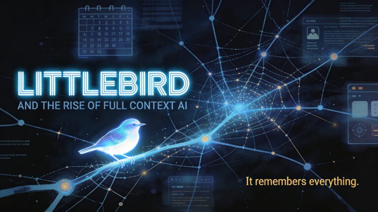 A wide horizontal 16:9 film cover in a painterly retro-futuristic style inspired by Laurent Durieux and Olly Moss. Deep near-black navy background. At the visual center-left, a single small luminous bird — rendered in glowing electric blue and white light — perches delicately, formed partially by and surrounded by a vast intricate web of thin glowing neural network lines and nodes radiating outward across the entire frame like synapses firing. The lines pulse with soft electric blue and faint amber-gold light, creating a sense of a living memory network. Ghosted, semi-transparent UI elements, calendar grids, text fragments, and app windows float subtly in the background, barely visible, as if being absorbed into the web — suggesting total digital memory. The atmosphere is cold, cerebral, beautiful, and quietly unsettling. On the left third of the frame, dominant bold all-caps geometric sans-serif text reads "LITTLEBIRD" in crisp glowing white with a faint electric blue outer glow — large, wide-tracked, authoritative. Directly below in smaller all-caps tracked-out cool blue-grey text reads "AND THE RISE OF FULL CONTEXT AI". In the lower right corner, a small italicized tagline in warm amber-gold reads "It remembers everything." The overall color palette is deep navy, electric blue, white light, with amber-gold accents. Highly stylized, graphic, cinematic, and premium in feel — like a prestige sci-fi film one-sheet.