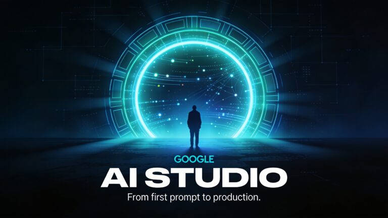 Horizontal 16:9 cinematic cover in a sleek retro-futurist sci-fi style inspired by Laurent Durieux and Olly Moss. Deep midnight blue and near-black background with a subtle geometric data-grid pattern fading into darkness at the edges. Center composition: a solitary dark silhouette of a person standing and facing a massive glowing circular portal — the portal radiates electric cyan and teal light with concentric geometric rings, casting dramatic cool-toned rim lighting across the entire scene. Inside the portal, abstract luminous layers suggest infinite data streams and neural pathways rendered as soft glowing lines and dots. The light from the portal bleeds softly across the lower ground plane. The atmosphere is tense, cerebral, beautiful — like a still from a near-future thriller. At the bottom of the image, bold all-caps condensed typography reads "AI STUDIO" in stark white Futura-style lettering, very large and dominant. Directly above it in tightly letter-spaced smaller caps: "GOOGLE" in electric cyan. Below the main title in delicate light-weight italic small text: "From first prompt to production." The overall palette is deep navy, black, electric cyan, teal, and cold white highlights. No lens flare — clean, graphic, high contrast, with a painterly illustrative quality. Cinematic and iconic, wide horizontal composition.