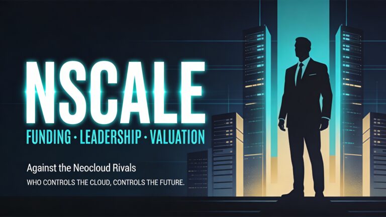 Wide 16:9 horizontal film cover in a highly stylized graphic poster style inspired by Saul Bass and Olly Moss. Deep midnight navy background (#0a0d1a). On the right two-thirds of the composition, a bold graphic silhouette of a lone executive figure in a sharp suit, seen from slightly below, facing forward with arms at sides, rendered in flat dark charcoal tones against a towering array of abstracted vertical server columns or data pillars that glow with cold electric cyan and pale gold light — stylized as clean geometric rectangles of varying heights, like a city skyline made of infrastructure. Thin horizontal scan lines overlay the image subtly. The left side of the composition features dominant typographic treatment: the word "NSCALE" in an enormous, ultra-bold condensed sans-serif typeface in crisp white with a faint electric cyan glow, stacked vertically in terms of visual weight. Directly beneath in tight tracked small caps in electric cyan: "FUNDING · LEADERSHIP · VALUATION". Further below in very small cool white sans-serif: "Against the Neocloud Rivals". At the very bottom in tiny spaced white uppercase letters, a cinematic tagline: "WHO CONTROLS THE CLOUD, CONTROLS THE FUTURE." The overall mood is cold, powerful, tense, and sleek — a graphic noir corporate atmosphere with a color palette of deep navy, electric cyan, warm gold accents, and pure white typography. Highly stylized, reductive, posterized illustration quality, sharp edges, no photographic texture.