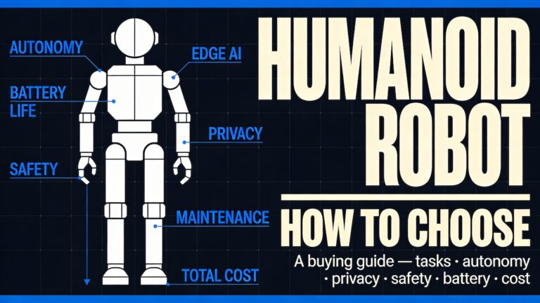 A high-end horizontal 16:9 graphic design poster cover with a deep navy-black background. On the left-center of the composition, a large bold geometric schematic silhouette of a humanoid robot is rendered in crisp white line art — the figure is constructed from pure geometric shapes: a perfect circle for the head, a rectangular torso, cylindrical arms and legs, minimal and precise like an engineering blueprint or industrial design diagram. Thin precise annotation leader lines radiate outward from key zones of the robot figure to small bold all-caps labels in electric cobalt blue: "AUTONOMY" pointing to the head, "EDGE AI" near the skull, "BATTERY LIFE" at the chest, "PRIVACY" at the torso center, "SAFETY" near one hand, "MAINTENANCE" near the lower body, "TOTAL COST" pointing downward — each label set in tight condensed grotesque type, small but sharply legible, like a technical product specification sheet elevated to poster art. The right two-thirds of the composition features bold stacked condensed sans-serif typography in warm cream-white: massive oversized word "HUMANOID" dominating the upper-right zone in ultra-bold condensed type, below it in slightly smaller but still very large type "ROBOT" and beneath that a clean horizontal rule, then the words "HOW TO CHOOSE" in structured caps with generous letter-spacing, and at the very bottom right in small regular weight type "A buying guide — tasks · autonomy · privacy · safety · battery · cost". A very subtle orthographic grid of fine light-grey lines covers the entire background like graph paper at 5% opacity, reinforcing the technical schematic language. Two thin horizontal blue accent rules span the full width of the composition — one near the top edge, one near the bottom — anchoring the layout with editorial precision. The overall mood is sleek, intelligent, technically confident, and future-forward: the visual feel of a premium industrial design exhibition poster crossed with a Wired magazine editorial cover, rendered with Swiss modernist clarity and sharp typographic hierarchy. Electric cobalt blue accents, warm cream typography, and a deep near-black navy background define the entire color system.
