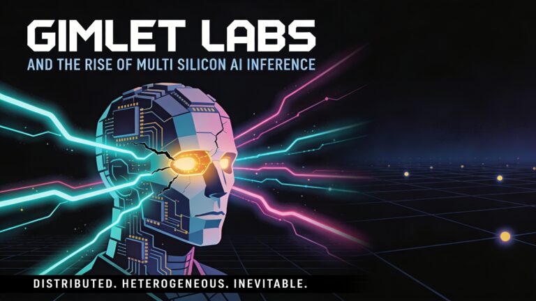 Wide 16:9 horizontal film cover in a highly stylized retro-futurist illustrated print style inspired by Olly Moss and Laurent Durieux. Deep midnight black background with subtle dark grid lines receding into the distance suggesting vast invisible infrastructure. Centered slightly left, a large geometric fragmented humanoid head or skull constructed entirely from stacked silicon chip layers and circuit board geometries, cracking apart and splitting into multiple diverging glowing pathways that arc outward across the composition like neural branches or data streams — rendered in a clean vector-illustration style with sharp edges and deliberate flat color planes. The core of the head emits a warm amber-gold internal glow, while the diverging paths pulse in electric teal and cool magenta neon light trails. At the top of the image, bold condensed white sans-serif capital letters read "GIMLET LABS" — stark, wide-tracked, commanding, in a tight geometric typeface. Directly beneath in smaller, lighter steel-blue condensed tracking: "AND THE RISE OF MULTI SILICON AI INFERENCE". At the very bottom center in tiny ultra-spaced white capslock lettering: "DISTRIBUTED. HETEROGENEOUS. INEVITABLE." — acting as a tagline strip. The right third of the image fades into atmospheric dark depth with faint receding grid planes and distant glowing node points like edge servers across a horizon. Color palette strictly: black, deep navy, electric teal, neon magenta, warm amber gold, and cold white type. No photorealism — clean flat illustration with subtle gradient depth, high contrast, bold cinematic composition.