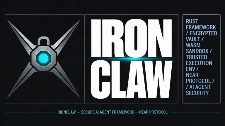 A horizontal 16:9 graphic design poster cover for a blogpost titled "IronClaw by NEAR and the case for secure AI agents." Deep near-black background (#0D0D0D) with a fine industrial grain texture adding material weight. The composition is divided into three horizontal zones. On the far left third, a large abstract geometric symbol rendered in cold steel-gray vector lines: four sharp angular bars converging from the corners toward a central locking hexagonal node, forming a stylized iron claw or containment mechanism — precise, mechanical, like a vault lock or satellite mount, rendered as pure sharp vector geometry with a single electric cyan accent (#00FFCC) glowing at the central locking point, suggesting both grip and containment. Center of the composition dominated by massive ultra-condensed heavy grotesque type stacked in two lines: "IRON" above "CLAW" — each word filling nearly the full vertical height of the frame in stark white, extremely bold, compressed, architectural, almost structural — the letterforms acting as load-bearing design elements. The "W" in CLAW has a faint electric cyan underline or geometric rule cutting beneath it, marking it as a signal element. On the right third, a tightly organized column of very small monospaced technical metadata in cold blue-gray, arranged like a security manifest or classified system readout, reading: "RUST FRAMEWORK / ENCRYPTED VAULT / WASM SANDBOX / TRUSTED EXECUTION ENV / NEAR PROTOCOL / AI AGENT SECURITY" — each line separated by a thin hairline rule, evoking a terminal readout or security access log. A thin rectangular box frame in steel-gray lines borders the entire right column. At the very bottom of the composition, spanning the full width, a thin horizontal rule in electric cyan with tiny monospace text reading "IRONCLAW — SECURE AI AGENT FRAMEWORK — NEAR PROTOCOL" anchors the design like a classified document footer. The overall aesthetic is Swiss modernist industrial poster design — authoritative, structured, technically precise, compositionally tight, with a single electric accent on a monochrome field, evoking fortified intelligence and controlled power. No illustration. No decorative elements. Pure designed geometry, bold typography, and signal-system precision.