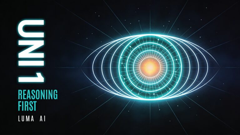 Wide 16:9 horizontal film cover in a cerebral science fiction thriller style, inspired by Laurent Durieux and Olly Moss. Deep space-black background fading into dark navy blue, with a large geometric abstract eye dominating the right-center of the composition — the eye is constructed entirely from concentric ellipses, radiating light rays, and fine neural grid lines, rendered in electric teal and icy white with a softly glowing warm amber core at the pupil, suggesting artificial intelligence and awakening perception. The eye is architectural and precise, not biological — beautiful and slightly unsettling. Faint geometric light rays emanate outward from the eye across the entire frame like a slow pulse of intelligence. On the left side, large ultra-bold white sans-serif condensed capitals read "UNI 1" stacked vertically in massive type, slightly glowing at the edges. Directly below it in tightly tracked small caps in electric teal: "REASONING FIRST". At the very bottom left in tiny monospaced white type, spaced out like a film production credit: "L U M A A I". The overall palette is deep black, dark navy, electric teal, cold white, and a single warm amber glow at the center of the eye. Flat, highly stylized illustration with subtle film grain texture, wide panoramic cinematic framing, no photographic elements.