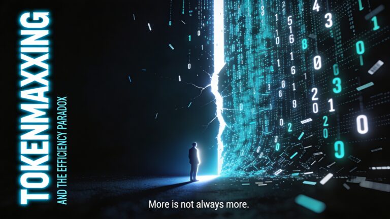 Wide 16:9 cinematic film cover in a cold techno-thriller style. Deep black background with electric midnight blue gradients. The right two-thirds of the frame is filled with a dense, cascading stream of glowing white and pale cyan numerical digits and code fragments — resembling falling tokens or data rain — slightly blurred at the edges to suggest overwhelming volume. At the center of the image, this data stream is violently fractured and split apart, revealing a sharp beam of pure white light cutting through the darkness like a void of clarity. Slightly left of center, a lone human silhouette — a person in a suit, facing slightly away from the viewer — stands at the point of fracture, bathed in the clean white light, dwarfed by the surrounding data flood but occupying the one clean space. The figure's edges glow faintly with cold blue-white light. On the far left side of the frame, vertically anchored, is the main title text: "TOKENMAXXING" in a massive, ultra-condensed stark white sans-serif font with a faint electric blue outer glow — bold, cold, precise, stacked tightly. Directly beneath it in much smaller, wide-tracked uppercase thin sans-serif letters in pale cyan: "AND THE EFFICIENCY PARADOX". At the very bottom of the frame, centered, in tiny monospace typewriter-style white text with low opacity: "More is not always more." The entire image has a cold, clinical, slightly dystopian mood — sharp contrast, minimal color palette of black, deep navy, electric teal, and pure white — styled after the reductive graphic precision of Olly Moss and the psychological tension of Akiko Stehrenberger, with fine halftone grain texture overlaid across the entire surface.