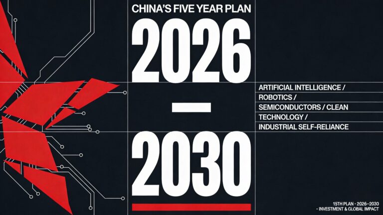 A high-end graphic design poster cover in 16:9 horizontal format. Deep near-black navy background (#0a0f1e). The composition is divided into a strict horizontal grid system with thin white rule lines separating three zones left to right. On the left third, a large deconstructed geometric red star — fragmented into sharp angular shards and thin circuit-like lines, suggesting both the Chinese national symbol and a schematic technology diagram — sits as the dominant graphic object, rendered in bold red (#e8001a) with fine white line details. In the center, massively oversized condensed sans-serif numerals read "2026–2030" in stark white, nearly filling the full vertical height of the frame, slightly cropped at top and bottom for typographic drama and scale. Above the large numerals, in tightly tracked ultra-condensed bold white capitals at a much smaller size: "CHINA'S FIVE YEAR PLAN". Below the numerals, a single thin red horizontal rule line extends across the full width. On the right third of the composition, a clean vertical stack of small-caps white labels in a structured list format reads: "ARTIFICIAL INTELLIGENCE / ROBOTICS / SEMICONDUCTORS / CLEAN TECHNOLOGY / INDUSTRIAL SELF-RELIANCE" — each line separated by a hairline rule, like a data table or policy register. In the far bottom-right corner, tiny white metadata type reads: "15TH PLAN · 2026–2030 · INVESTMENT & GLOBAL IMPACT". The overall aesthetic fuses Chinese constructivist poster boldness with Swiss modernist grid discipline and contemporary editorial design — structured, powerful, premium, and conceptually precise. No gradients except subtle dark texture on the navy background suggesting a slight paper grain. The composition reads immediately as a serious, world-class policy and investment visual — authoritative, striking at thumbnail scale, and typographically masterful.