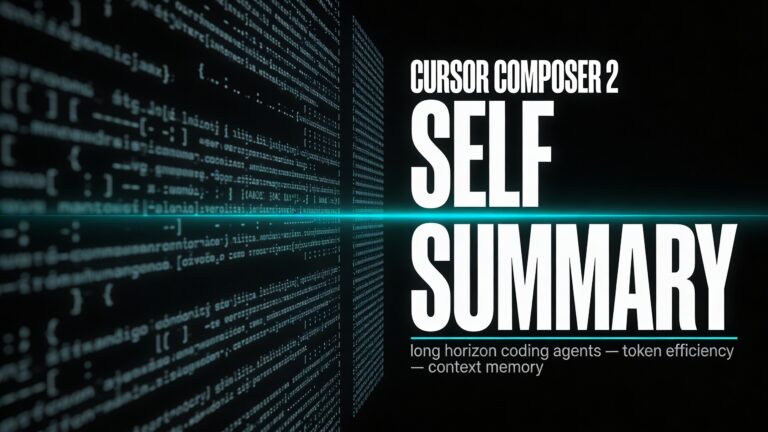 A high-end horizontal 16:9 graphic design poster cover with a deep black background. On the far left third, a dense rectangular block of tiny monospaced terminal characters — code fragments, brackets, semicolons, variable names — rendered in dim cool white, forming a rich textural field that visually represents a long codebase or extended context window. Moving rightward, this dense text field progressively compresses and narrows, the characters becoming smaller and more faint, converging toward a single razor-thin luminous electric cyan horizontal line that cuts across the exact center of the composition — a precise visual metaphor for self-summarization, the act of compressing long context into essential meaning. This cyan line is the conceptual spine of the entire poster. To the right of the compression point, the background remains clean and stark black. Dominating the right two-thirds of the composition, oversized ultra-bold condensed white sans-serif typography stacked in two lines reads "SELF" on top and "SUMMARY" below, set at a massive scale with tight leading, acting as the primary architectural visual element of the cover. Above this stack in smaller but still bold condensed white type: "CURSOR COMPOSER 2". Below the main type stack, in tiny monospaced light-gray text: "long horizon coding agents — token efficiency — context memory". A fine cyan horizontal rule separates the metadata from the main type block. The overall palette is strictly black, white, and electric cyan — a cold, intelligent, terminal-inspired modernist palette. Subtle halftone grain texture overlays the entire surface adding depth and a fine-print feel. The composition reads left to right as a narrative of compression: density to distillation to meaning. The design language is Swiss modernist grid thinking fused with technical editorial boldness — precise, concept-driven, visually striking, and custom-made for this exact article on AI coding agents and self-summarization.