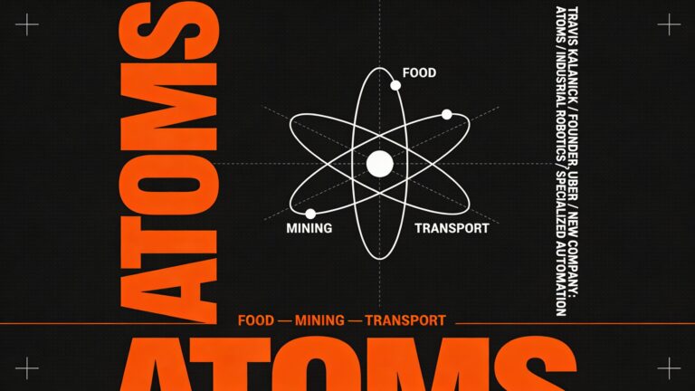 Horizontal 16:9 graphic design poster cover with a deep matte black background overlaid with a very fine light grey dot grid pattern giving a subtle industrial technical print texture, with small registration cross marks in the corners. On the left side, the word "ATOMS" is set in an enormous ultra-condensed bold grotesque typeface in electric orange, scaled so tall it bleeds off the top and bottom edges, functioning as both title and architectural visual mass. Slightly to the right of center, a precise white technical line-art atom diagram is rendered in clean engineering-drawing style — a nucleus represented by a small filled circle, with three elliptical orbital rings at different angles, each ring intersecting at a small node point labeled in very small crisp white uppercase sans-serif type: "FOOD", "MINING", "TRANSPORT" — the atom diagram functioning as both a company symbol and an industrial systems connection map. The atom drawing has a blueprint-like quality, refined and geometric. To the far right, a narrow vertical column of very small, tightly stacked white sans-serif uppercase text reads: "TRAVIS KALANICK / FOUNDER, UBER / NEW COMPANY: ATOMS / INDUSTRIAL ROBOTICS / SPECIALIZED AUTOMATION". A thin horizontal orange rule line runs across the full width at the very bottom of the image, and just above it in tiny orange uppercase tracking reads "FOOD — MINING — TRANSPORT". The overall color palette is black, white, and electric orange only — bold, controlled, industrial constructivist in spirit, modernist Swiss in precision, with the energy of a conceptual technology launch poster and the authority of a Bauhaus industrial exhibition print. The composition reads powerfully at thumbnail size, with the massive "ATOMS" letterform and the central atom diagram as the two dominant visual anchors.