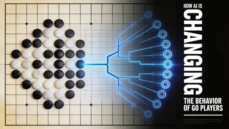 A world-class horizontal 16:9 graphic design poster cover for a blogpost titled "How AI is Changing the Behavior of Go Players." The composition is built entirely around a large, precisely rendered Go board grid that spans the full width of the image as both background and conceptual structure, with fine black grid lines on a warm off-white ivory paper-toned surface. On the left half of the board, classic hand-placed Go stones — pure matte black and white circles with subtle organic imperfection — are arranged in a recognizable game pattern, suggesting ancient human strategy and centuries of accumulated wisdom. Moving right across the board, the stones gradually transform: they become smaller, perfectly geometric, replaced by precise ringed data-node circles with a faint electric blue halo, suggesting machine computation overtaking the human placement. From a single central intersection point slightly left-of-center, a branching decision-tree structure radiates outward in thin crisp electric blue lines — like both a game-tree search algorithm and a move calculation map — its branches fanning toward the right edge of the composition, visually representing the AI's deep analytical reach. A subtle secondary ghost-grid, very faintly offset behind the main board, suggests an AI's computed board state overlapping reality. The deep right portion of the image darkens toward near-black, creating a dramatic gradient from warm ivory human-side to cold machine-dark AI-side, with the electric blue decision-tree glowing against this dark field. Bold ultra-condensed sans-serif typography is anchored in the right third of the composition: "HOW AI IS" in small tight tracking above, then "CHANGING" in massive oversized weight that commands the vertical space, then "THE BEHAVIOR OF GO PLAYERS" in compact condensed type below, all in crisp white against the dark right panel. A single horizontal rule separates the headline from a small line of metadata text at the bottom right in tiny spaced monospace: "AlphaGo · KataGo · Opening Theory · Decision Making · Player Psychology." The entire image has a fine paper grain texture applied, giving it an elevated print-poster quality. The color palette is restricted to warm ivory, deep black, pure white, and a single electric blue accent used exclusively for the AI data-node halos and decision-tree lines. The result feels like a museum exhibition poster meets an avant-garde technology cultural print — minimal, intellectual, conceptually sharp, and unmistakably custom-designed for exactly this article.