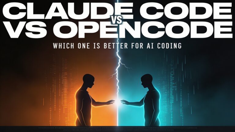 Wide 16:9 horizontal film cover art in the style of Olly Moss and Jay Shaw — stark, minimalist, graphic, high-contrast. The background is split perfectly down the vertical center: the left half bathes in deep warm amber-orange darkness, the right half in cold electric cyan-blue darkness, both fading into near-black at the edges. A thin crackling line of white light runs vertically down the exact center like a terminal cursor or a lightning bolt seam between two worlds. In the lower-center of the frame, two stylized flat silhouettes of humanoid figures face each other from opposite sides, each reaching toward the center light — rendered in bold black silhouette with minimal color detail, Olly Moss graphic style. The left figure has a faint amber glow outlining it, the right figure a faint cyan glow. Behind each figure, faint cascading lines of code in their respective colors fall vertically like digital rain, subtle and atmospheric. At the top of the frame spanning the full width in massive bold white ultra-condensed sans-serif all-caps typography: "CLAUDE CODE VS OPENCODE" — the word "VS" slightly smaller and centered in bright white at the split. Directly beneath the main title in small tight-tracked white monospace font: "WHICH ONE IS BETTER FOR AI CODING". At the very bottom of the frame, a thin horizontal bar in dark charcoal contains tiny white mock production credit text in classic film style. The overall mood is tense, sleek, cinematic, and technological — a duel of philosophies rendered in graphic minimalist film art.