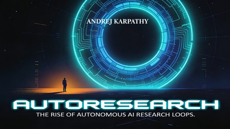 Wide 16:9 cinematic film cover illustration in the style of Olly Moss and Laurent Durieux — flat geometric retro-futurist illustration with a deep space navy and near-black background. Center composition: a massive, perfectly geometric glowing circular feedback loop rendered in electric cyan and cobalt blue light, made of fine circuitry lines and recursive rings within rings, emanating a cold luminous glow that bleeds into the dark background. Standing at the left-center of the composition, a lone small human silhouette in dark amber-orange backlight faces the loop, dwarfed by its scale, conveying awe and unease. The atmosphere is cold, cerebral, and vast. Subtle code fragments and faint grid lines dissolve into the dark background. At the very top of the frame, centered, the text "ANDREJ KARPATHY" in small, widely letter-spaced elegant white uppercase serif — like a director credit. Dominating the lower third of the image, the bold all-caps geometric sans-serif title "AUTORESEARCH" in wide white letters with a faint electric cyan inner glow, strong and commanding. Directly beneath it in thin, tightly letter-spaced white uppercase text: "THE RISE OF AUTONOMOUS AI RESEARCH LOOPS." Color palette strictly: near-black, deep navy, electric cyan, cobalt blue, warm amber. Flat geometric illustration, limited palette, high contrast, deeply atmospheric, no photorealism, no 3D render feel — pure graphic, poster illustration style.