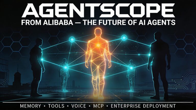 AgentScope multi-agent AI system illustration showing interconnected glowing nodes in a futuristic network.
