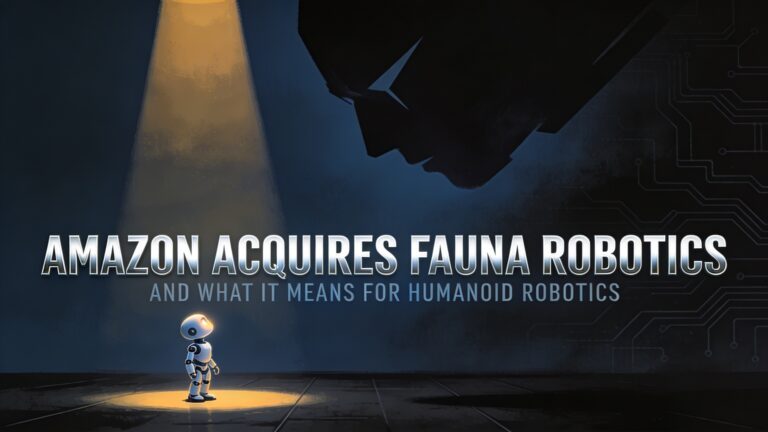 Illustration of a small humanoid robot spotlighted under Amazon's shadow, representing the Fauna Robotics acquisition.
