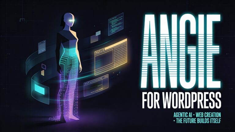 Angie for WordPress agentic AI visualized as a glowing digital figure assembling website UI elements in a cinematic sci-fi st