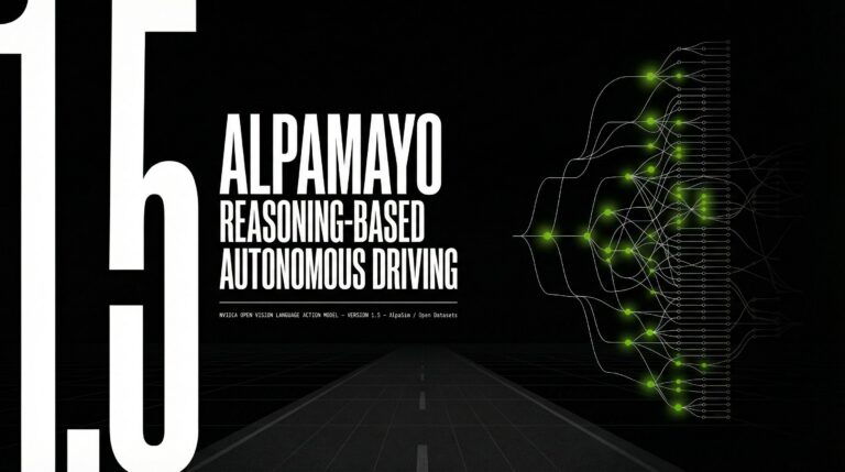 Horizontal 16:9 graphic design cover poster with a deep charcoal near-black background (#0f0f0f), designed in a Swiss modernist / technical systems poster language. Left third of the composition dominated by oversized ultra-condensed bold white sans-serif typography reading "ALPAMAYO" in stacked massive letterforms, with "1.5" directly below in the same weight but rendered in electric NVIDIA green (#76b900), serving as both a title and a compositional anchor. A thin horizontal green rule line runs across the full width of the image at mid-height, acting as a structural axis. To the right of center, a precisely rendered diagrammatic branching system: a single thin white line enters from the left, representing a road or input signal, then fractures into an elegant binary decision-tree of branching white and green lines, each branch terminating in a small geometric node — tiny square or circle — with microscopic white label text reading fragments like "PERCEIVE", "REASON", "PREDICT", "ACT" along the branches, suggesting a machine reasoning through a scenario step by step. The branching structure is clean, architectural, almost like a circuit schematic or logic diagram elevated to poster art. Below the main title on the left, a small-weight all-caps label stack in electric green reads "VISION · LANGUAGE · ACTION MODEL" and below that in even smaller white text: "Reasoning-Based Autonomous Driving — Open Source — NVIDIA". The entire composition has a fine dot-grid texture overlaid subtly across the background, giving it depth and a technical-print feel reminiscent of precision engineering documents. The color palette is strictly deep charcoal, pure white, and electric green — no other colors. The composition reads left to right with strong typographic hierarchy on the left and a conceptual diagrammatic visual on the right, creating a dynamic tension between language and system, between naming and reasoning. The design feels like a technical exhibition poster from a world-class design institution — precise, modular, confident, and conceptually sharp.