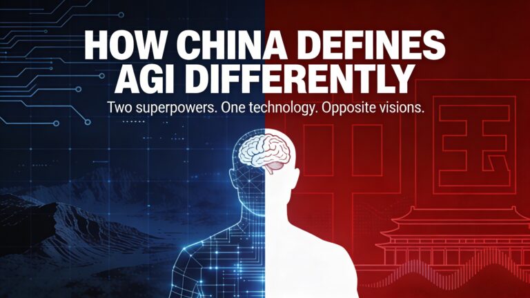 Split graphic contrasting China's structured AGI vision in red with the USA's open-ended AGI approach in blue, featuring a un
