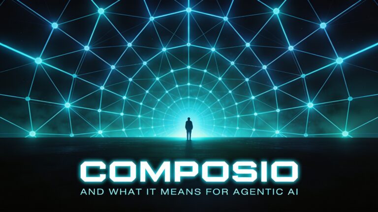 A vast glowing neural network representing Composio's role in agentic AI, with a human figure for scale.