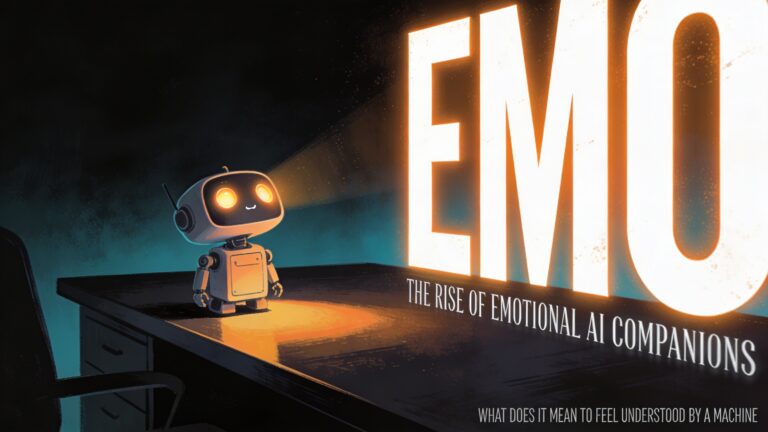 Emo tiny robot on a dark desk with glowing eyes and title 'The Rise of Emotional AI Companions' in a cinematic sci-fi illustr