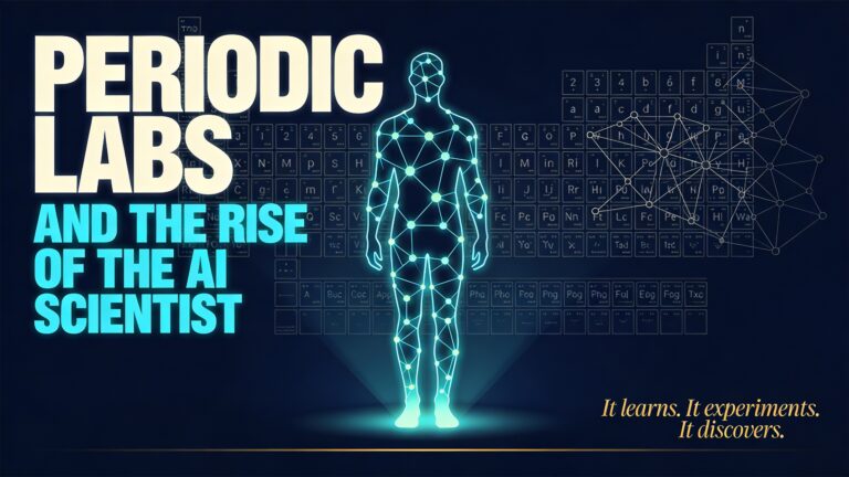 A wide 16:9 horizontal film cover in a highly stylized retro-futurist Saul Bass meets Laurent Durieux aesthetic. Deep midnight navy blue background. Center of the image: a tall, abstracted humanoid silhouette composed entirely of glowing atomic lattice lines and molecular bond geometries — like a blueprint of a scientist built from chemistry itself — rendered in electric cyan and pale aqua light, standing upright with subtle luminous glow radiating outward. Behind and around the figure: a faint large-scale periodic table grid structure drawn in thin ivory lines, semi-transparent, filling the background like a cathedral of science. The grid subtly dissolves into neural network node-and-edge patterns toward the right side. Left third of the composition: bold stacked typographic block — top line reads "PERIODIC LABS" in massive all-caps geometric sans-serif (Futura-style), ivory-cream colored, very wide letter-spacing, commanding and clean. Directly below in slightly smaller weight and size, same font family lighter weight: "AND THE RISE OF THE AI SCIENTIST" in electric cyan, tight tracking. Far bottom-right corner: small elegant italic serif text in warm amber-gold reads "It learns. It experiments. It discovers." A faint horizontal amber-gold thin rule line separates the bottom zone from the main image area. Color palette: midnight navy, ivory, electric cyan, radioactive amber-gold. The entire composition feels like a prestigious science film poster — cerebral, iconic, precise, slightly eerie, and deeply awe-inspiring. No photographic realism — pure stylized illustration and graphic design, flat shapes with minimal shading, bold silhouette contrast, retro-futurist mood.
