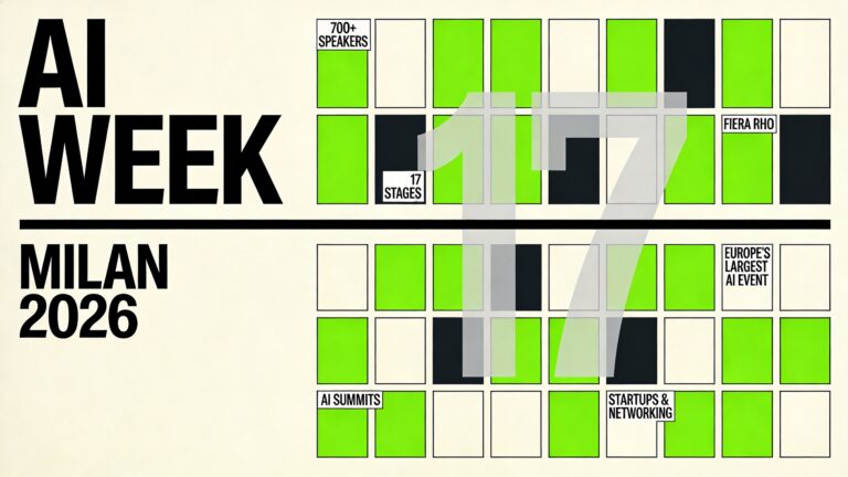 A horizontal 16:9 graphic design poster cover for a blog guide about AI Week Milan 2026, Europe's largest AI event. The background is a warm off-white cream surface with a subtle paper grain texture throughout, giving the impression of a high-quality offset-printed Italian design poster. On the far left, occupying roughly one-third of the width, an ultra-bold condensed black sans-serif typeface stacks two lines in massive scale: "AI WEEK" on top and "MILAN" directly below, both flush left, with "2026" in a slightly thinner condensed weight beneath that — the type is so large it nearly bleeds off the top and bottom edges, creating immediate visual dominance and poster authority. A sharp thin black horizontal rule runs the full width of the composition at a mid-height position, cleanly dividing the layout and anchoring the typographic block. To the right of the text, filling the remaining two-thirds of the horizontal space, is a precise modular grid of 17 rectangular cells arranged across three to four rows, each cell outlined in thin hairline black rules — the grid reads like a conference schedule matrix or a signal system diagram. Several cells are filled solid acid green (a vivid electric green, approximately #00E060), others are filled deep charcoal black, and the remaining cells are left as open cream, creating a visual rhythm of contrast and density. Inside select cells, small crisp black and white label-style typography reads: "700+ SPEAKERS", "17 STAGES", "FIERA RHO", "EUROPE'S LARGEST AI EVENT", "STARTUPS & NETWORKING", "AI SUMMITS" — typeset in a clean narrow grotesque, functioning as poster metadata. The ghost outline of the large numeral "17" floats subtly behind the grid in pale gray, barely legible, suggesting the 17 stages as an embedded structural layer. The full composition is unified by a system of thin horizontal rules running across the entire width at regular intervals, reinforcing the grid logic. The overall visual language is neo-modernist Italian exhibition poster meets contemporary tech conference identity — rigorous, typographically dominant, compositionally intelligent, structured yet energetic, with an acid green and black-on-cream color palette that feels design-forward, modern, and immediately striking at thumbnail scale. No photography, no illustration, no decorative clutter — pure graphic design system.