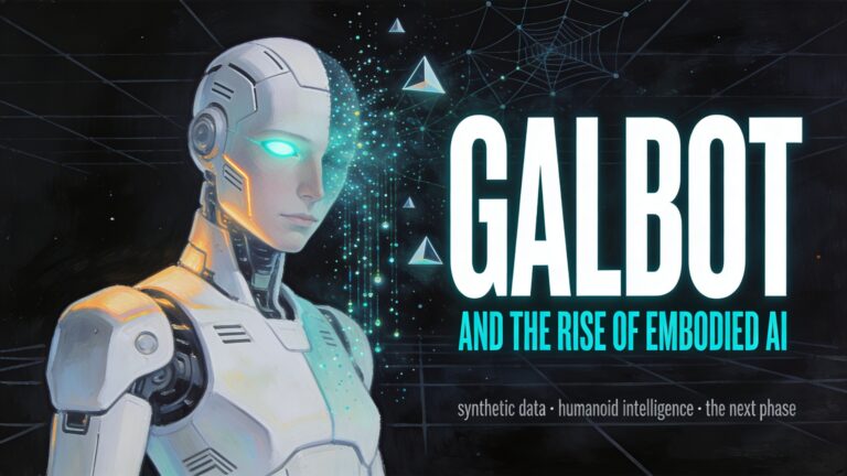 Galbot humanoid robot with face dissolving into synthetic data streams, representing the rise of embodied AI.