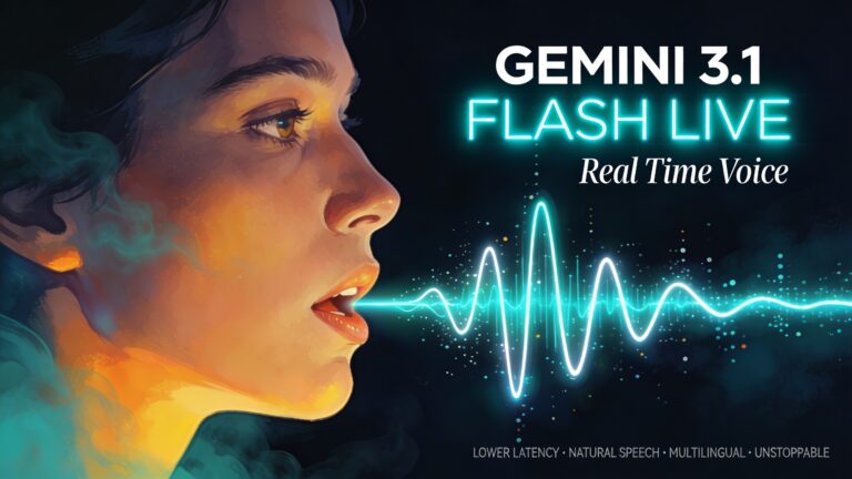 Stylized illustration of a person speaking with flowing cyan sound waves representing Gemini 3.1 Flash Live's real-time voice