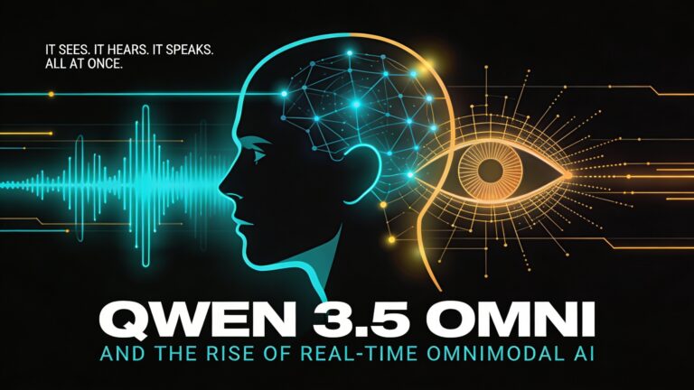 Stylized human head dissolving into sound waves and data streams representing Qwen 3.5 Omni's real-time omnimodal AI capabili