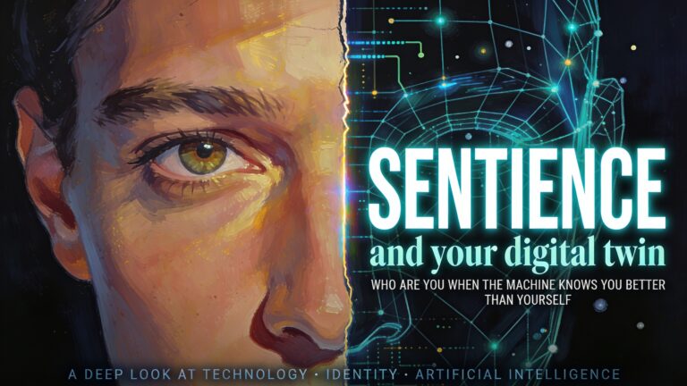 Split portrait showing human face transforming into digital wireframe mesh, representing the digital twin concept in Sentienc