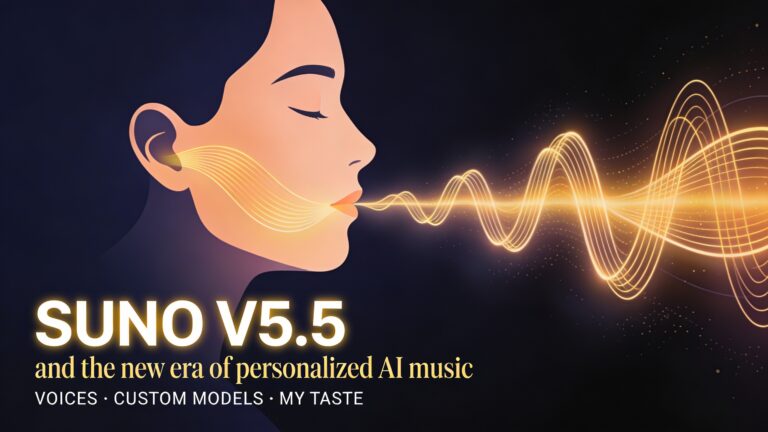 Stylized illustration of a human profile with golden sound waves flowing from lips and ear, representing Suno v5.5's personal