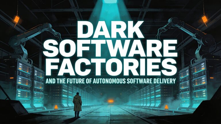 Dark software factory hall with towering server stacks and robotic arms, illustrating autonomous software delivery.