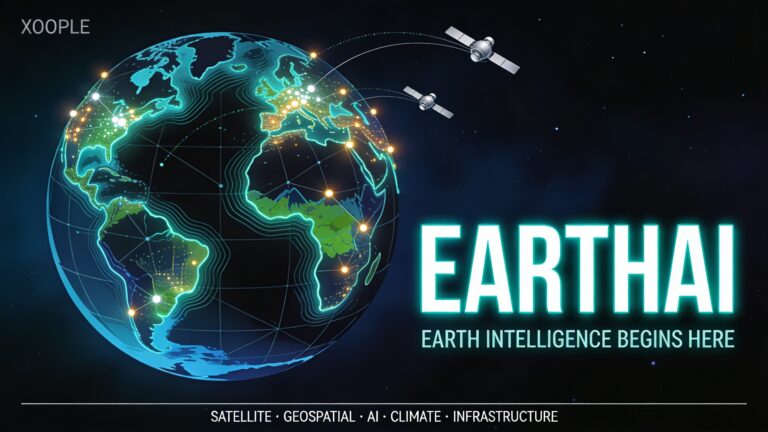 Stylized Earth globe with glowing data nodes and satellites, representing AI-native Earth intelligence from Xoople.