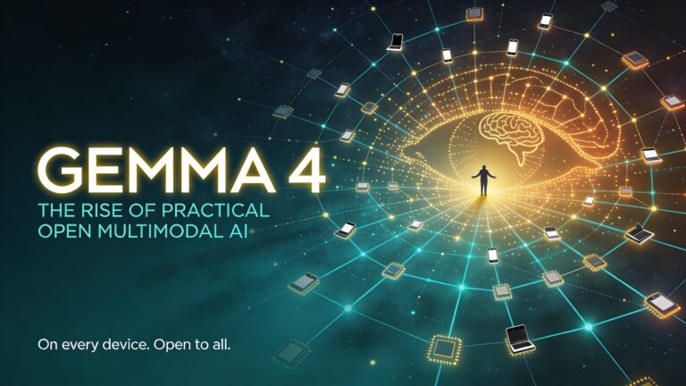 Gemma 4 open multimodal AI network connecting devices like phones and laptops in a glowing constellation.