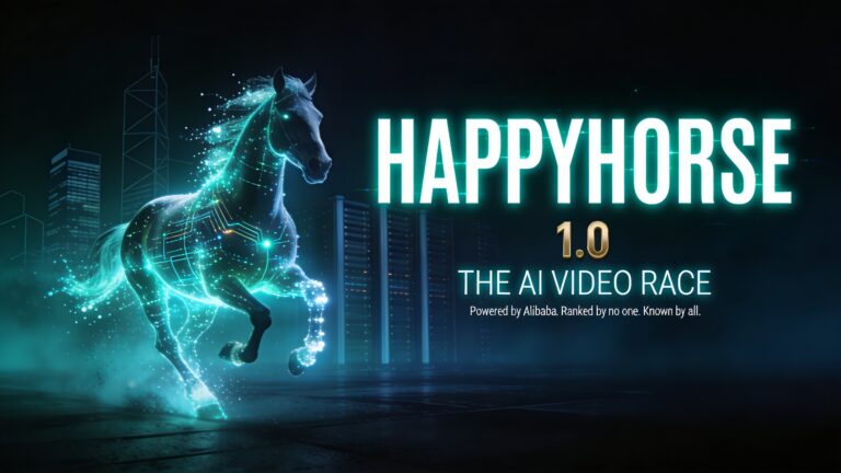 A glowing teal and white horse made of data particles gallops past dark corporate skyscrapers, with bold HAPPYHORSE 1.0 text