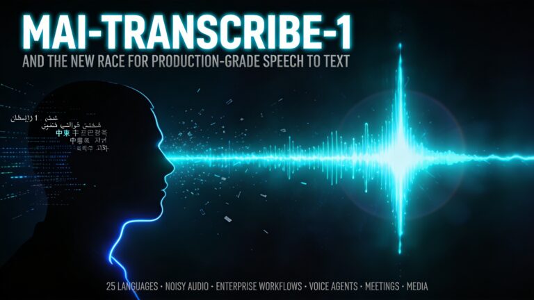 MAI-Transcribe-1 cinematic cover showing a glowing sound waveform and multilingual data streams representing speech-to-text t