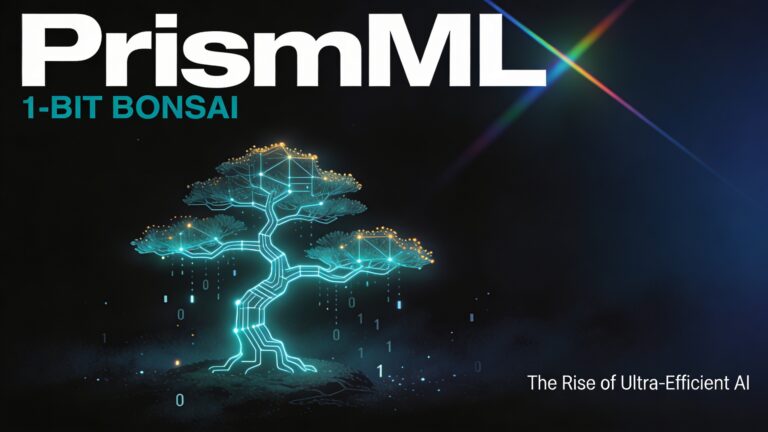 Glowing circuit-board bonsai tree representing ultra-efficient AI models like PrismML 1-bit Bonsai.