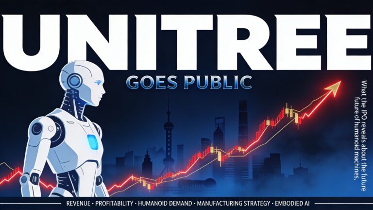 Sleek humanoid robot with a rising stock market graph representing Unitree's IPO and the future of robotics.